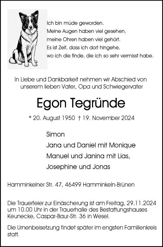 Traueranzeige von Egon Tegründe von Tageszeitung