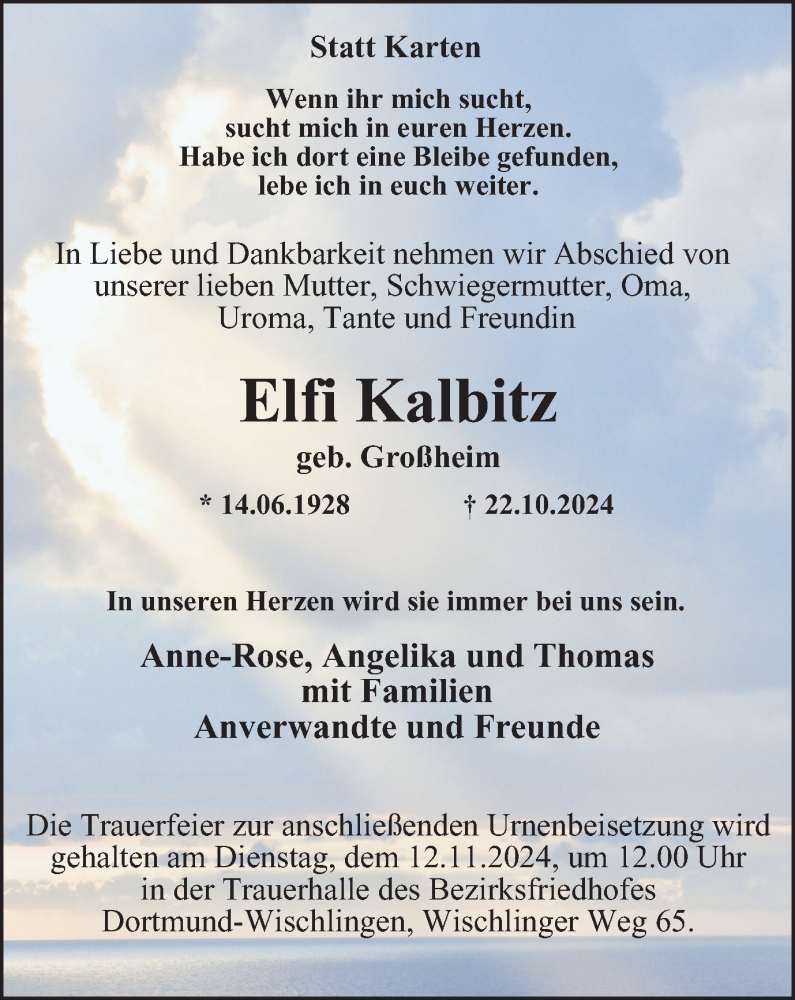  Traueranzeige für Elfi Kalbitz vom 09.11.2024 aus Tageszeitung