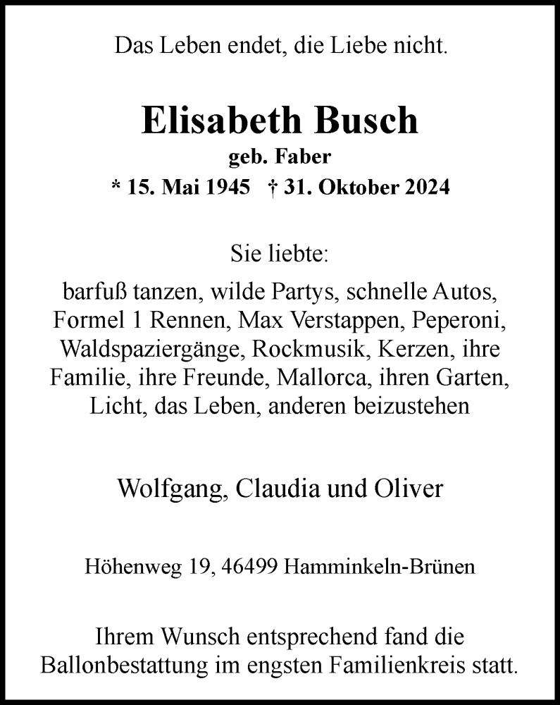  Traueranzeige für Elisabeth Busch vom 13.11.2024 aus Tageszeitung