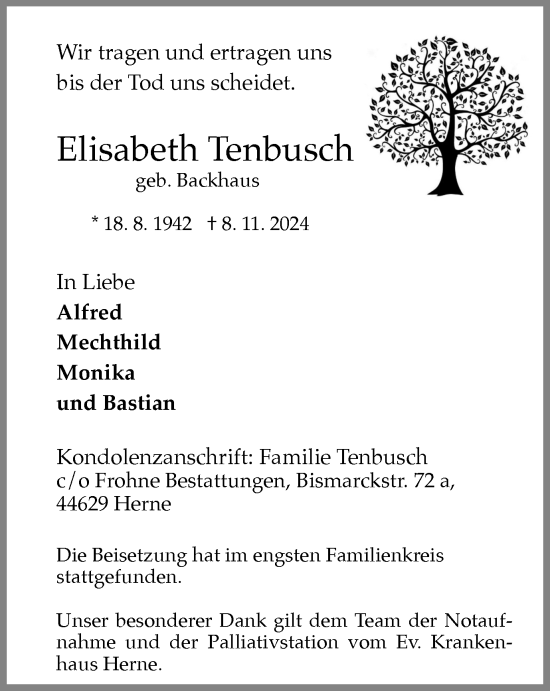Traueranzeige von Elisabeth Tenbusch von Tageszeitung