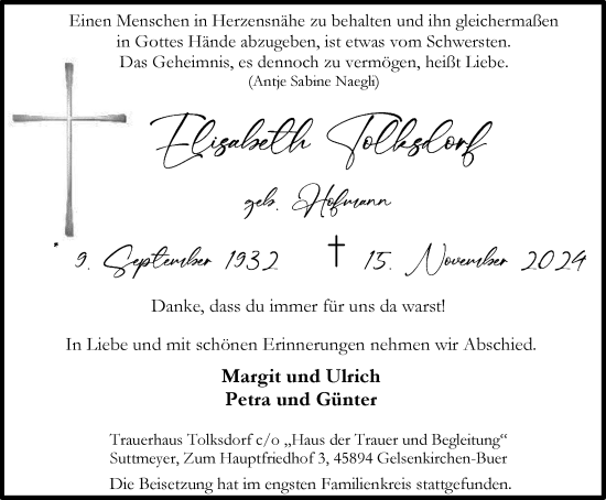 Traueranzeige von Elisabeth Tolksdorf von Tageszeitung