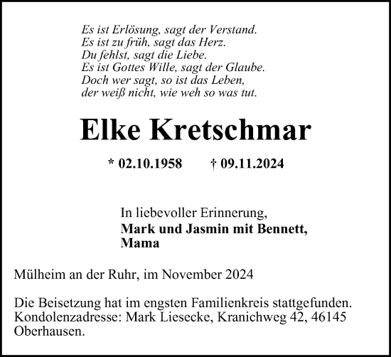 Traueranzeige von Elke Kretschmar von Tageszeitung