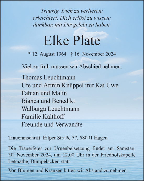 Traueranzeige von Elke Plate von Tageszeitung