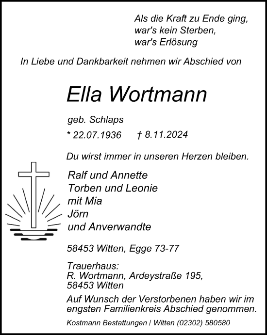 Traueranzeige von Ella Wortmann von Tageszeitung