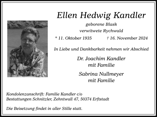 Traueranzeige von Ellen Hedwig Kandler von Tageszeitung