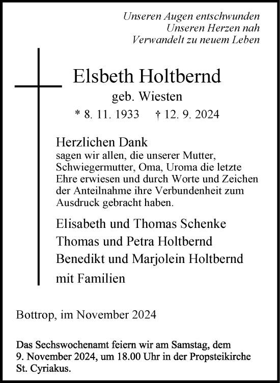 Traueranzeige von Elsbeth Holtbernd von Tageszeitung