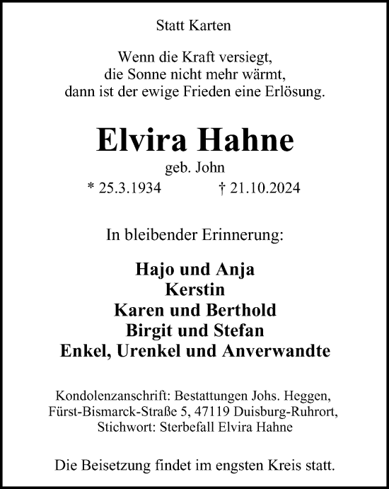 Traueranzeige von Elvira Hahne von Tageszeitung