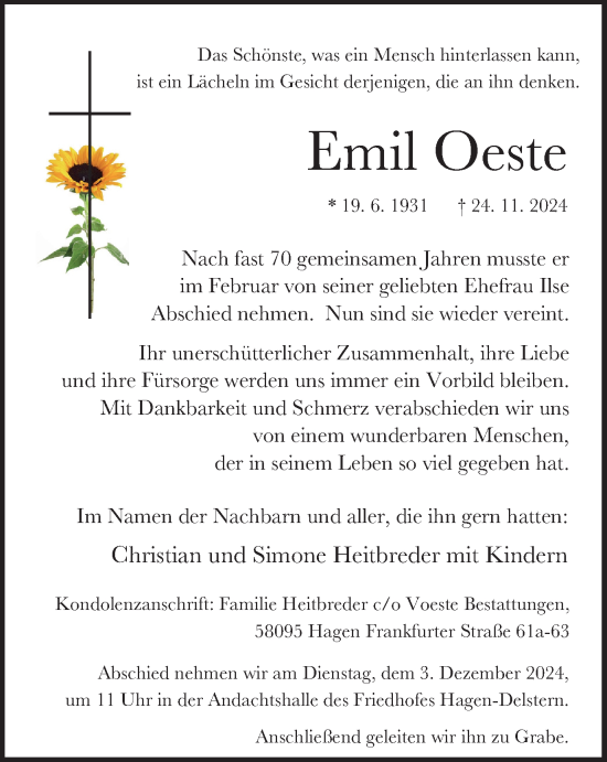 Traueranzeige von Emil Oeste von Tageszeitung