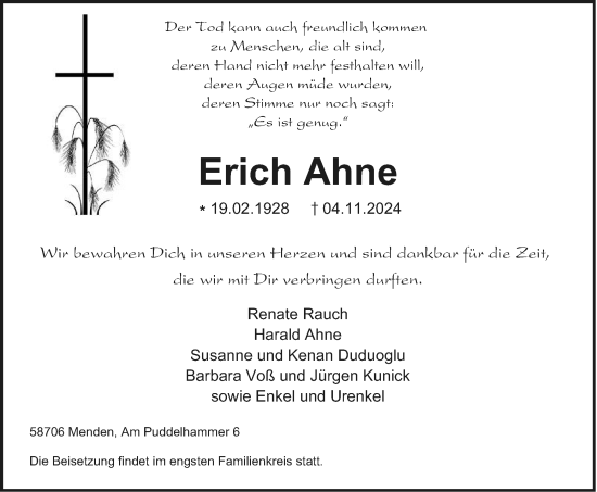 Traueranzeige von Erich Ahne von Tageszeitung