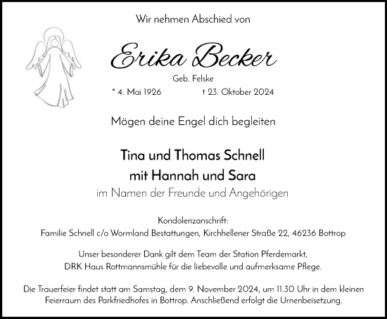 Traueranzeige von Erika Becker von Tageszeitung