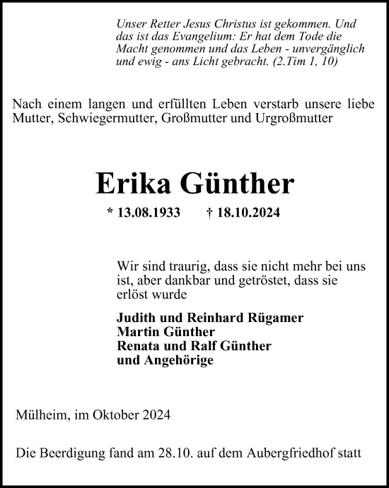 Traueranzeige von Erika Günther von Tageszeitung