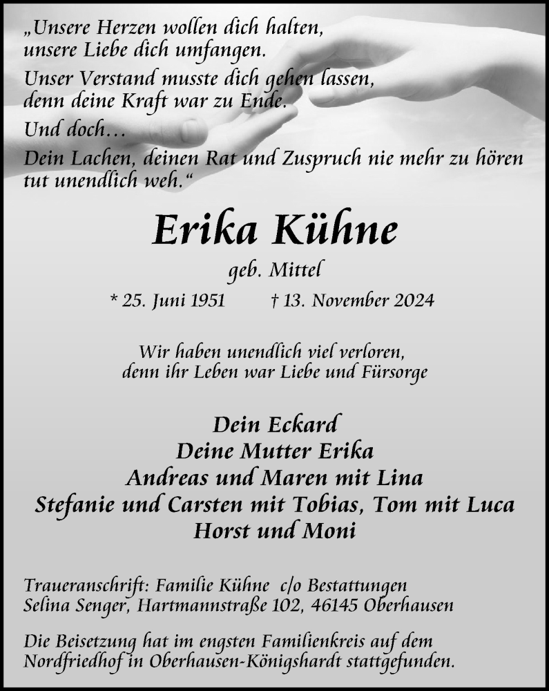  Traueranzeige für Erika Kühne vom 30.11.2024 aus Tageszeitung