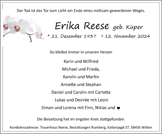 Traueranzeige von Erika Reese von Tageszeitung