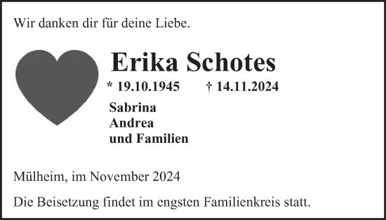 Traueranzeige von Erika Schotes von Tageszeitung