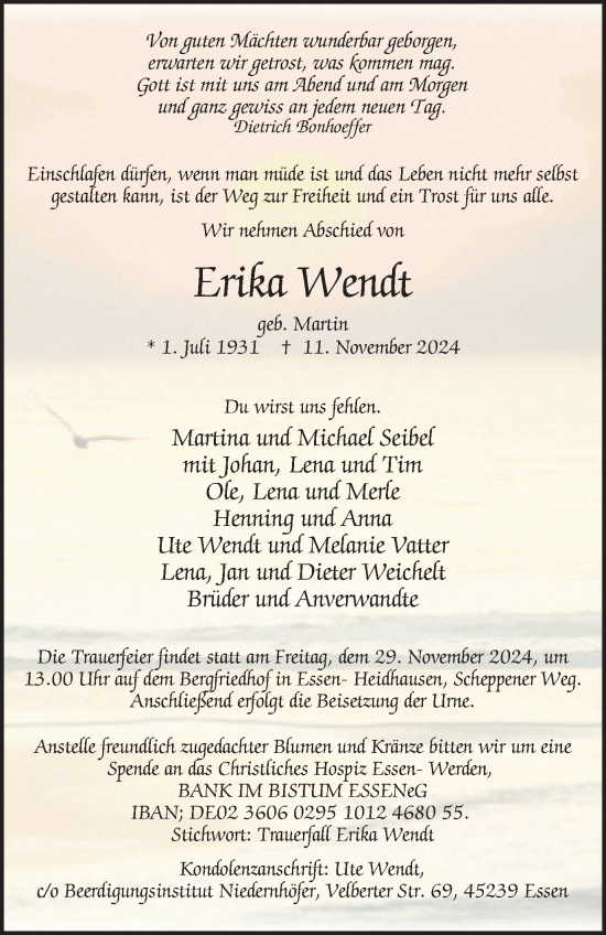 Traueranzeige von Erika Wendt von Tageszeitung