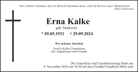 Traueranzeige von Erna Kalke von Tageszeitung