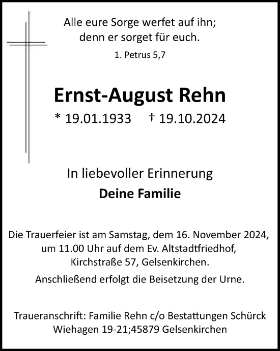 Traueranzeige von Ernst-August Rehn von Tageszeitung
