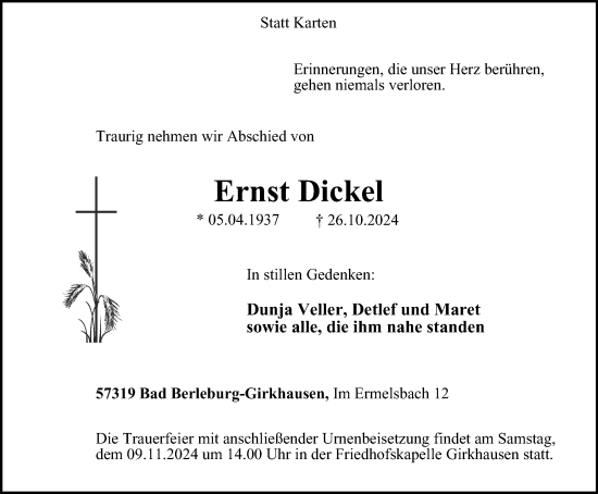 Traueranzeige von Ernst Dickel von Tageszeitung