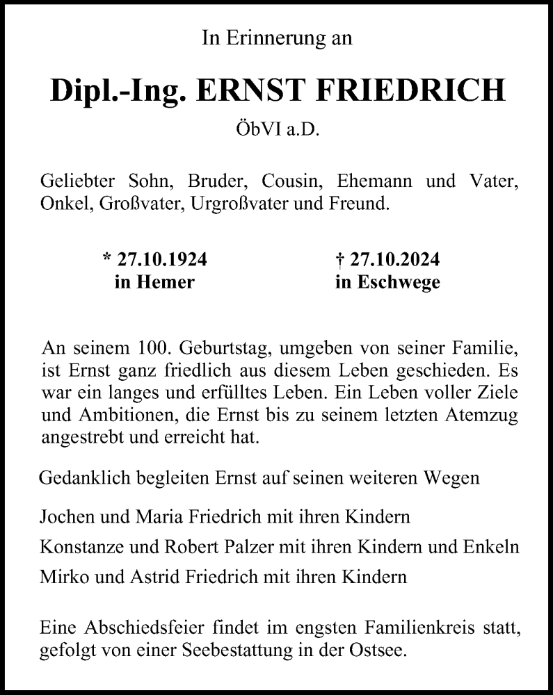  Traueranzeige für Ernst Friedrich vom 09.11.2024 aus Tageszeitung