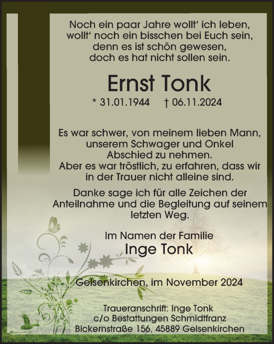 Traueranzeige von Ernst Tonk von Tageszeitung