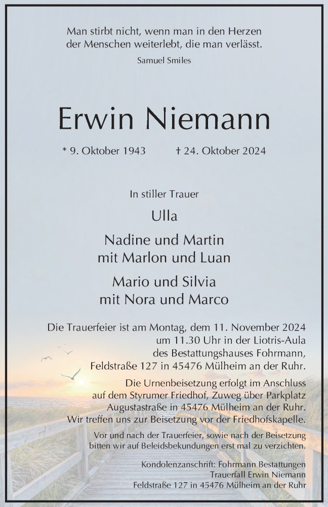  Traueranzeige für Erwin Niemann vom 09.11.2024 aus Tageszeitung