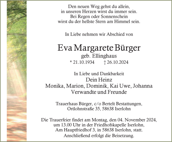 Traueranzeige von Eva Margarete Bürger von Tageszeitung