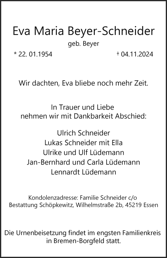 Traueranzeige von Eva Maria Beyer-Schneider von Tageszeitung