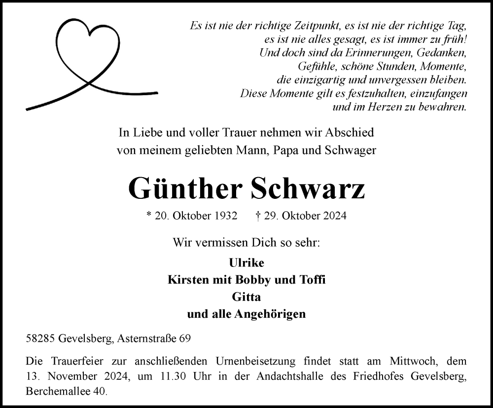  Traueranzeige für Günther Schwarz vom 09.11.2024 aus Tageszeitung