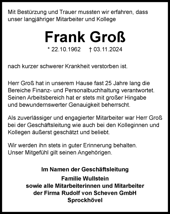 Traueranzeige von Frank Groß von Tageszeitung