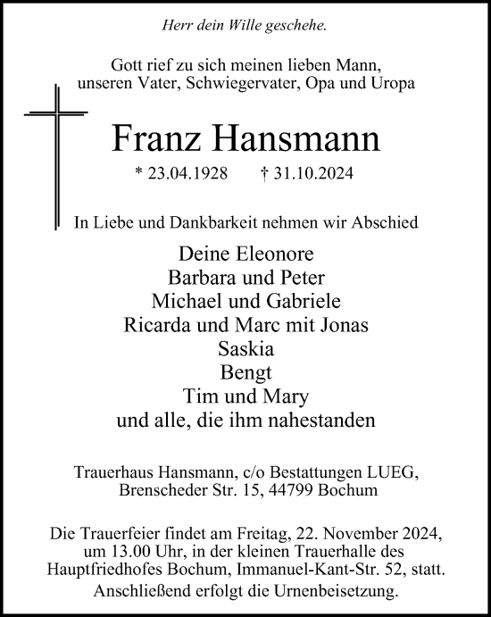 Traueranzeige von Franz Hansmann von Tageszeitung