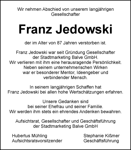 Traueranzeige von Franz Jedowski von Tageszeitung