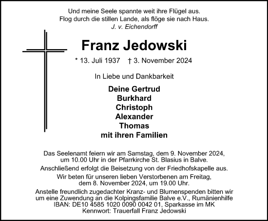 Traueranzeige von Franz Jedowski von Tageszeitung