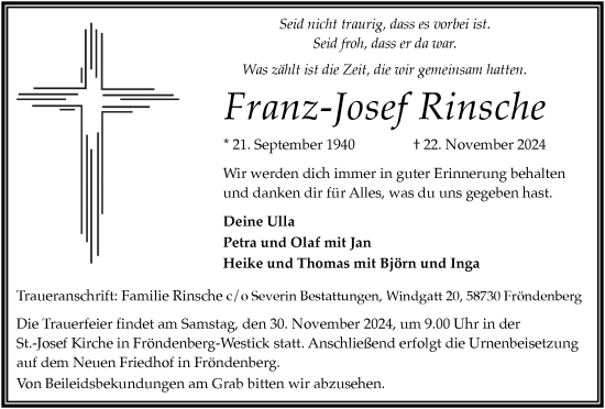 Traueranzeige von Franz-Josef Rinsche von Tageszeitung