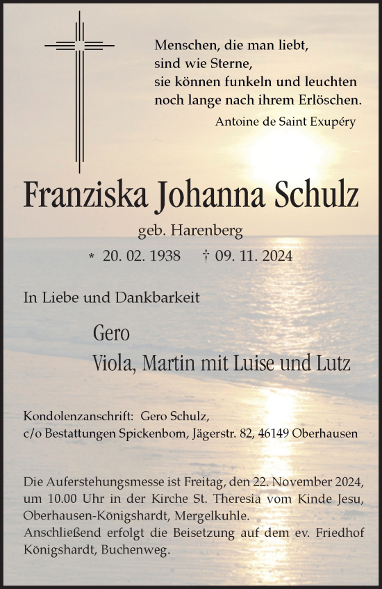 Traueranzeige von Franziska Johanna Schulz von Tageszeitung