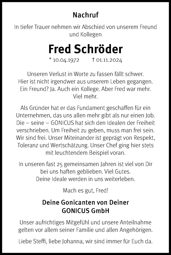 Traueranzeige von Fred Schröder von Tageszeitung
