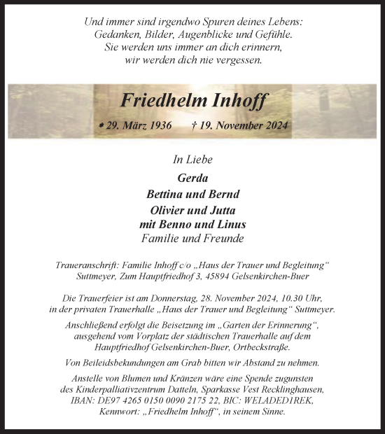 Traueranzeige von Friedhelm Inhoff von Tageszeitung