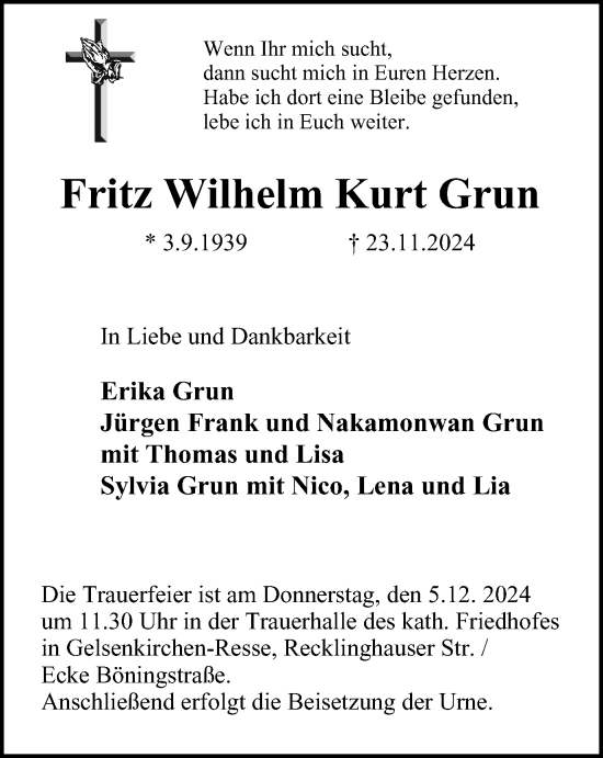 Traueranzeige von Fritz Wilhelm Kurt Grun von Tageszeitung