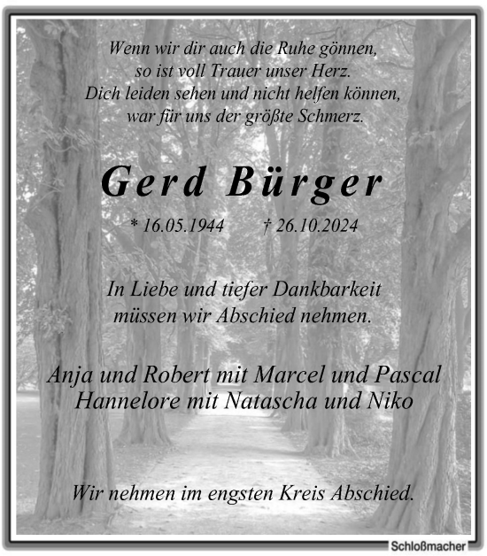 Traueranzeige von Gerd Bürger von Tageszeitung