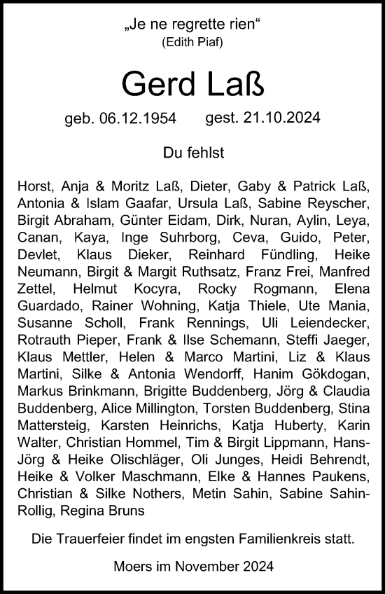 Traueranzeige von Gerd Laß von Tageszeitung