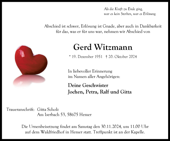 Traueranzeige von Gerd Witzmann von Tageszeitung