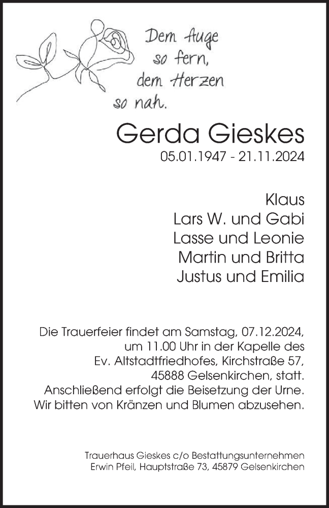  Traueranzeige für Gerda Gieskes vom 30.11.2024 aus Tageszeitung