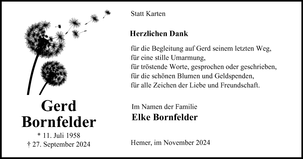  Traueranzeige für Gerhard Bornfelder vom 23.11.2024 aus Tageszeitung