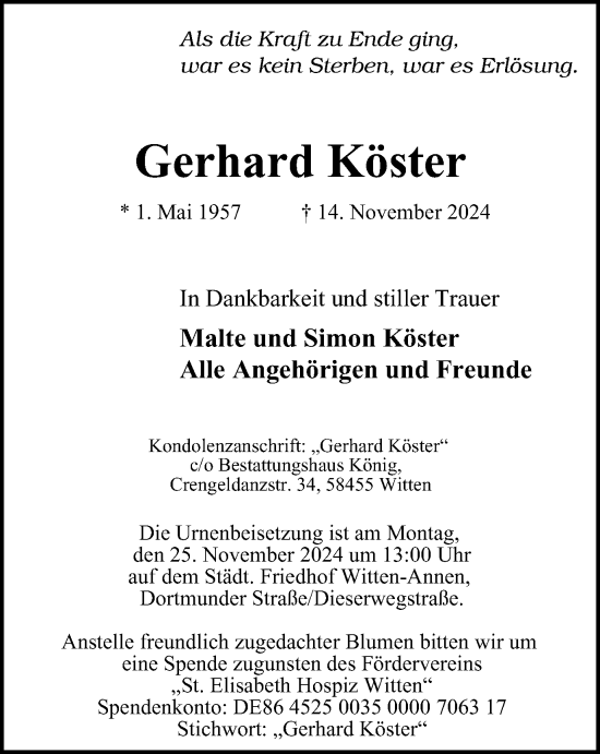 Traueranzeige von Gerhard Köster von Tageszeitung