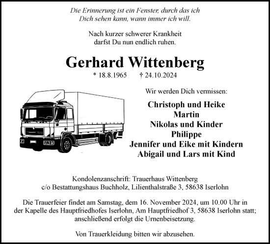 Traueranzeige von Gerhard Wittenberg von Tageszeitung