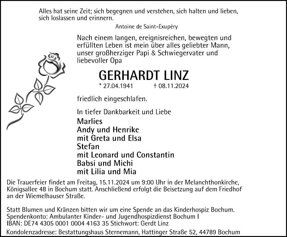  Traueranzeige für Gerhardt Linz vom 09.11.2024 aus Tageszeitung