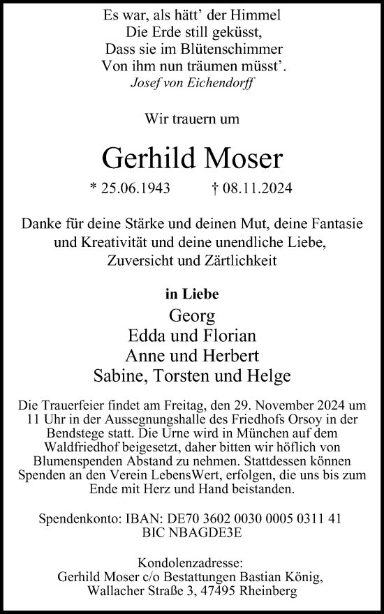 Traueranzeige von Gerhild Moser von Tageszeitung