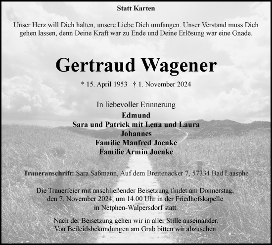 Traueranzeige von Gertraud Wagener von Tageszeitung