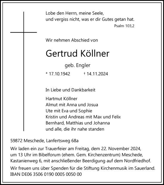 Traueranzeige von Gertrud Köllner von Tageszeitung