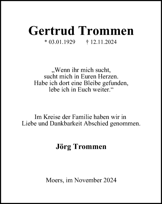 Traueranzeige von Gertrud Trommen von Tageszeitung