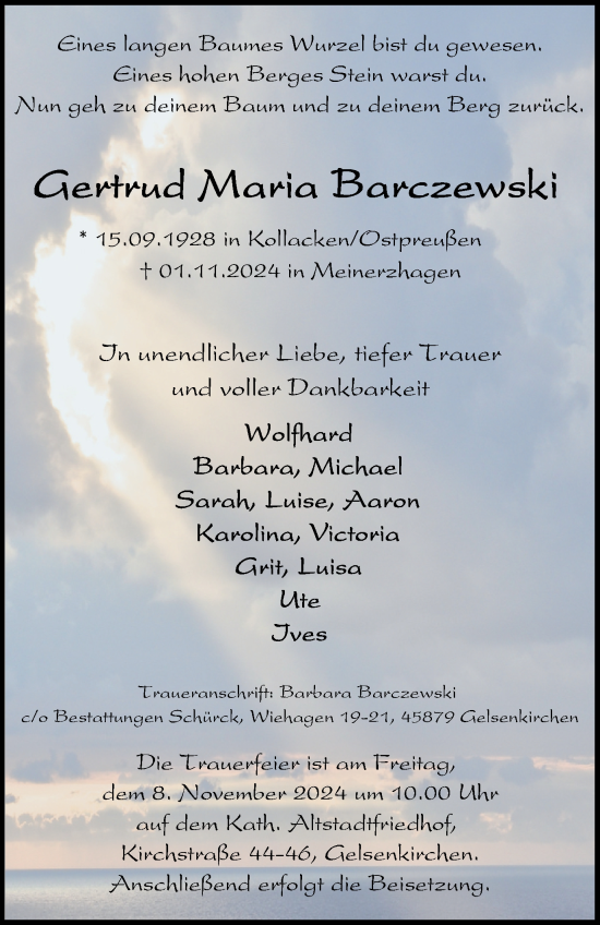 Traueranzeige von Gertrud Maria Barczewski von Tageszeitung